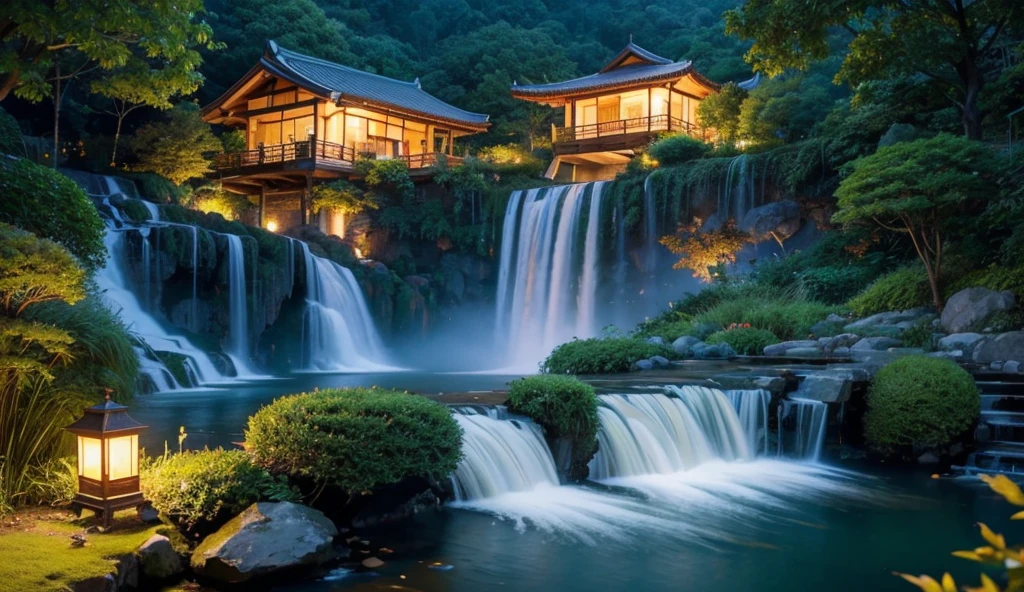 a Asian-style flower house under a lush green hillside, there is a rough splash waterfall beside the house, a photo of a rough splash lake at night, heaven background, a rough splash of waterfalls, The beauty of Malay, clean image, forbidden beauty, amazing scenery, majestic nature scenery, ultrarealism, high detail, beautiful photography, instagram contest winner, 16k hd detailed photography, autumn mood, night atmosphere