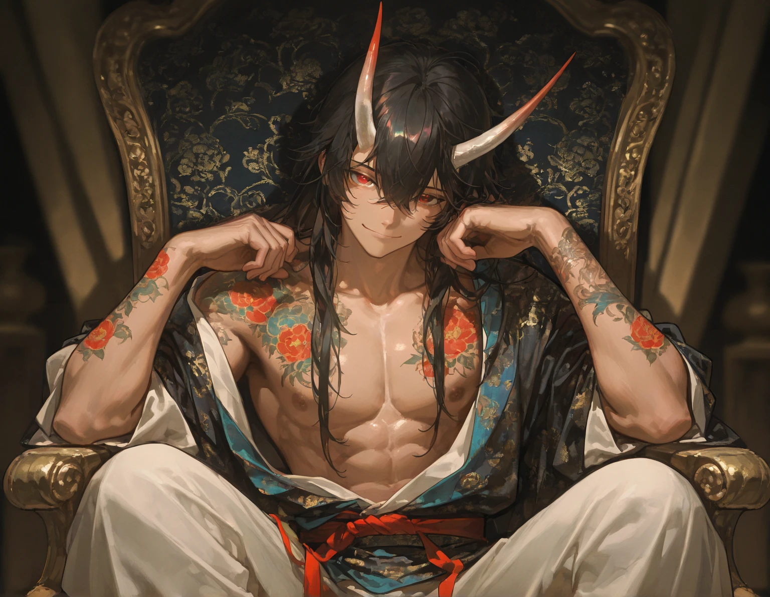 (absurdres, highres, ultra detailed, realistic, ), masculine man, solo, alone, sea, deep blue hair, blue scales on skin, pale skin, golden hunter eyes, navy blue horns curved backwards, serene expression, traditional clothes, dragon tail, more clothes on legs, shiny eyes, better eyes