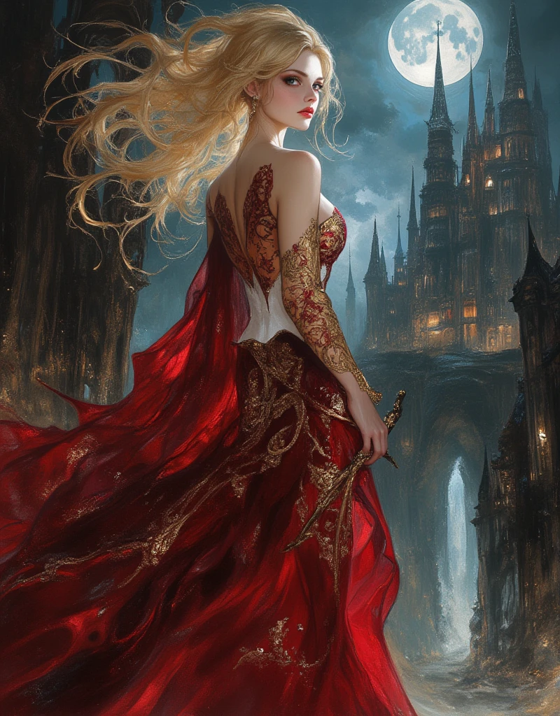 Castlevania, Gothic Horror, homage to the mystical horror movies, realistic gothic architecture castle background, young woman holding a whip, her blonde hair as if flowing through water, Victorian red dress with gold patterned details, Abstract Dripping Paint. Red ink flows down, exquisitely detailed, full moon above, acrylic: colorful watercolor, cinematic lighting, concept art, complex, elegant, vast, fantasy realism, ultra wide angle, abyss, night, blood moon reflection, building