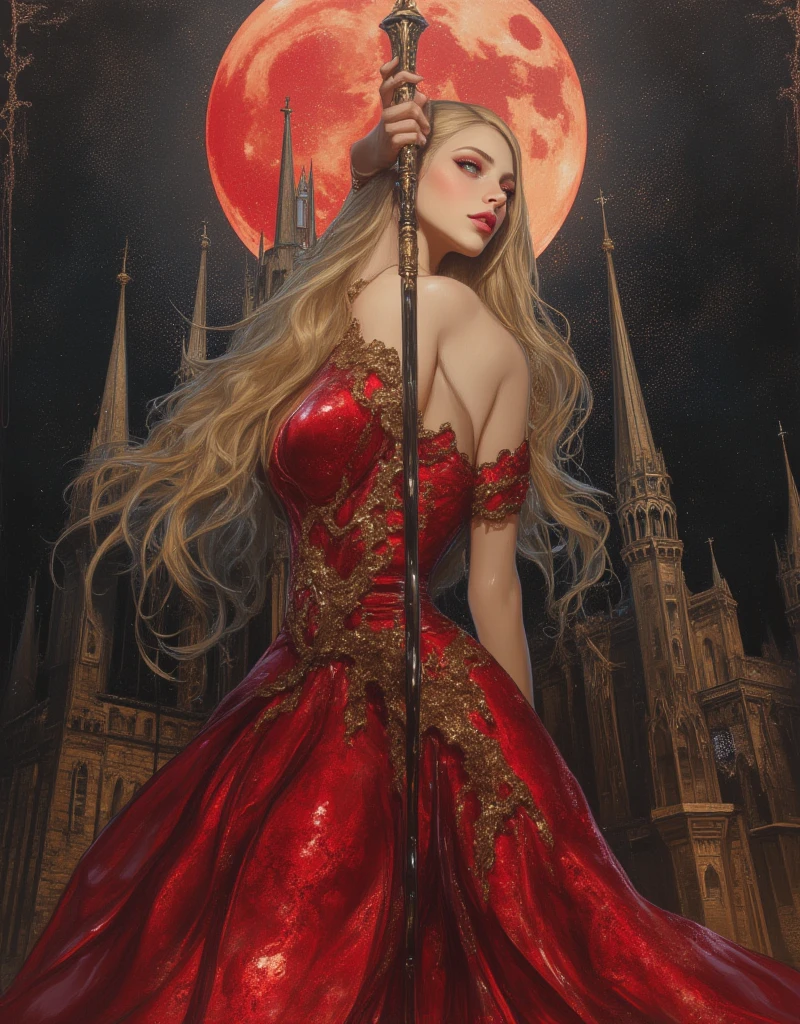 Castlevania, Gothic Horror, homage to the mystical horror movies, realistic gothic architecture castle background, young woman holding a whip, her blonde hair as if flowing through water, Victorian red dress with gold patterned details, Abstract Dripping Paint. Red ink flows down, exquisitely detailed, full moon above, acrylic: colorful watercolor, cinematic lighting, concept art, complex, elegant, vast, fantasy realism, ultra wide angle, abyss, night, blood moon reflection, building