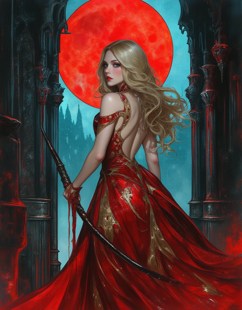 Castlevania, Gothic Horror, homage to the mystical horror movies, realistic gothic architecture castle background, young woman holding a whip, her blonde hair as if flowing through water, Victorian red dress with gold patterned details, Abstract Dripping Paint. Red ink flows down, exquisitely detailed, full moon above, acrylic: colorful watercolor, cinematic lighting, concept art, complex, elegant, vast, fantasy realism, ultra wide angle, abyss, night, blood moon reflection, building