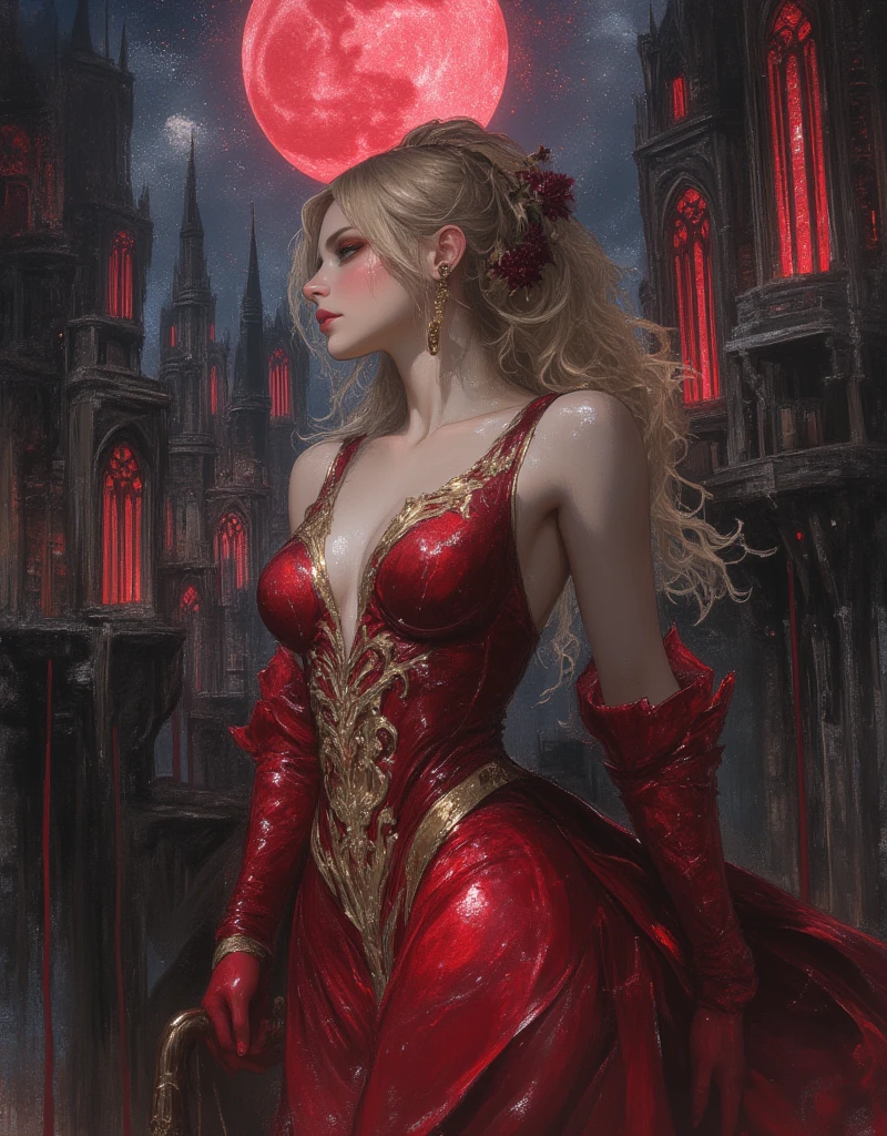 Castlevania, Gothic Horror, homage to the mystical horror movies, realistic gothic architecture castle background, young woman holding a whip, her blonde hair as if flowing through water, Victorian red dress with gold patterned details, Abstract Dripping Paint. Red ink flows down, exquisitely detailed, full moon above, acrylic: colorful watercolor, cinematic lighting, concept art, complex, elegant, vast, fantasy realism, ultra wide angle, abyss, night, blood moon reflection, building