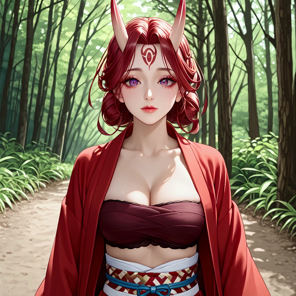 a oni girl, a pair of skin-covered horns on the forehead, beautiful detailed eyes, red kimono, sarashi and fukushi, japonese underwear, forest