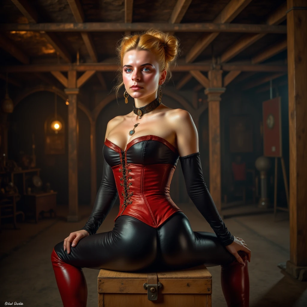 athletic woman,  wearing a black latex full body catsuit and a red latex corset, cleavage, red ankle boots, elegant jewellery, blonde hair tied back in a tight bun, blue eyes, looking at viewer, sitting on wooden box with legs spread, simple basement interior, wooden walls, realistic, bokeh, rear view