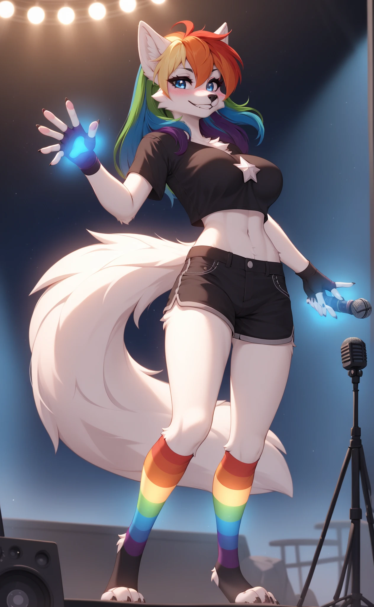 (4K HD Quality), score_9_up, score_8_up, score_6_up, anthro, solo, 1girl, furry, white fox, white body, white fur, rainbow hair color, long thick hair, blue eyes, fox tail, medium large breasts, 

glowing gloves, rainbow sleeves gloves, fingerless gloves, glowing socks, rainbow thigh high socks, toeless socks, 

black shirt, black shorts, 

blush, perfect smile teeth, looking at view, 

rock star, stage, night, rock star light, stage light, microphone, rock star clothes, standing, 