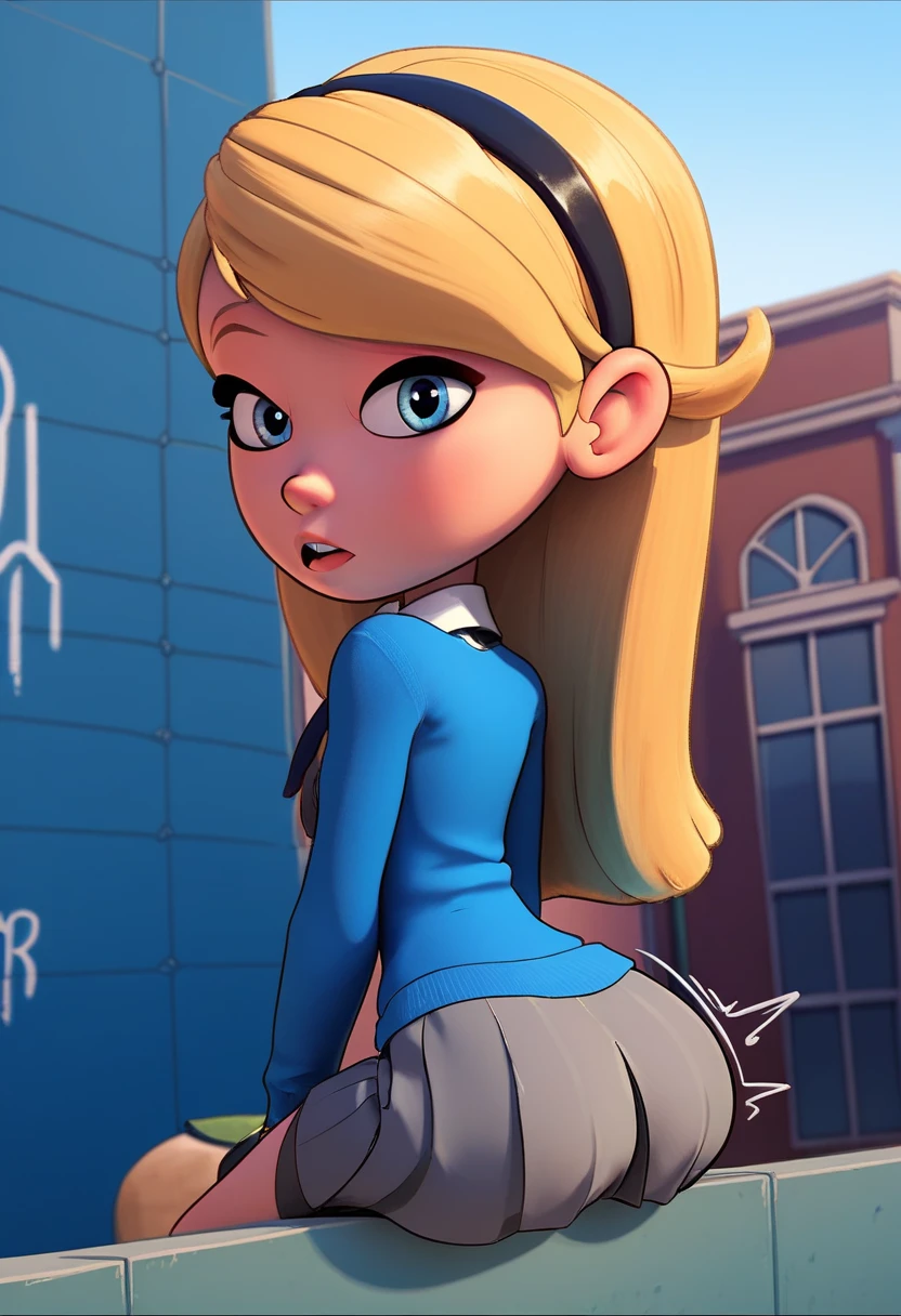 1girl, solo, full body, penny peterson, long hair, blue eyes, 3d, blonde hair, hairband, necktie, school uniform, shirt, white shirt, long sleeves, sweater, blue sweater, skirt, grey skirt, looking at viewer, alter-ego dancing erotically on the building's roof, covered with black paint, looking back, butt Shaking, twerking, wiggling, Heart-beating booty, butt covered with black paint, booty Shake While hearing "Shakira La Tortura"