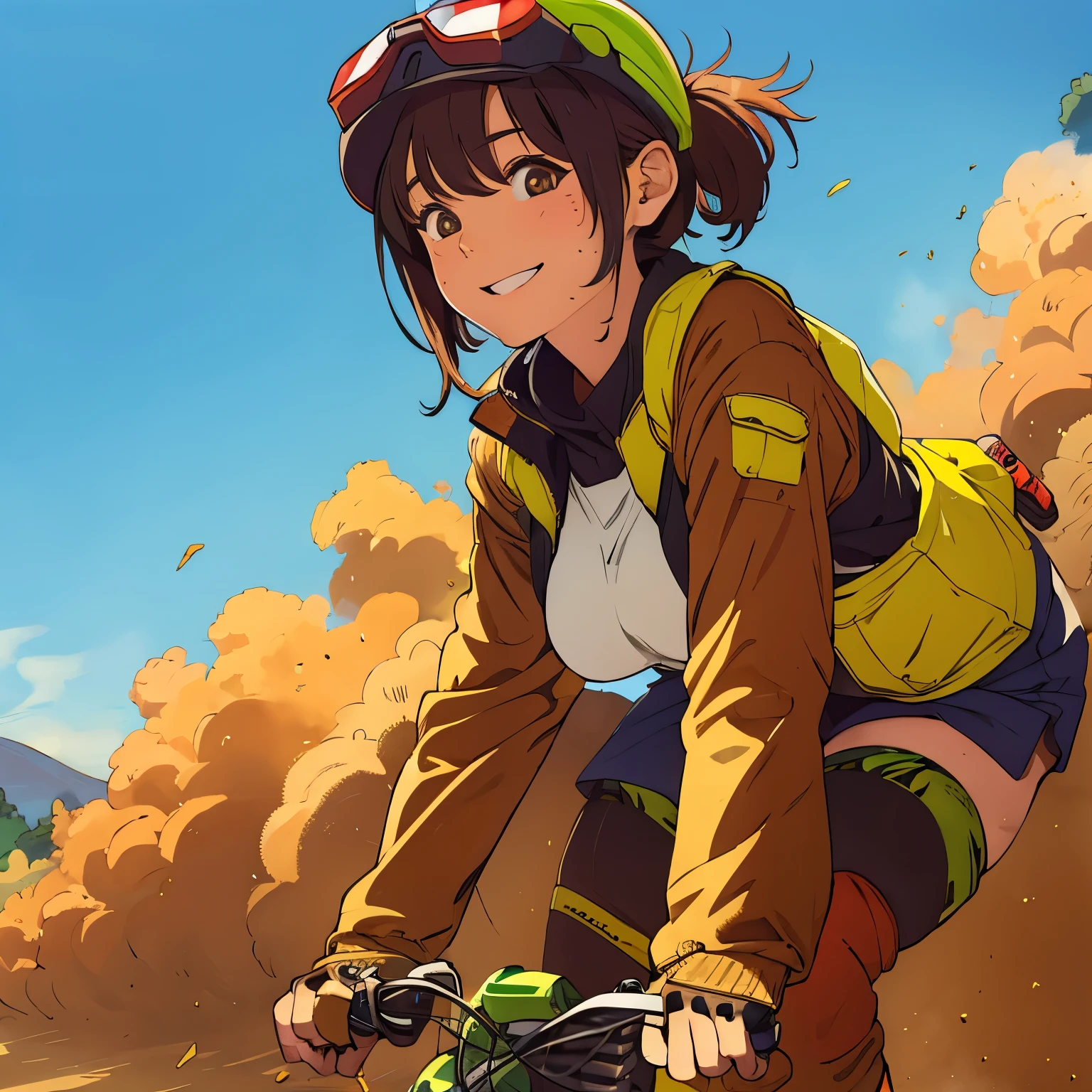 (The_shading),
One girl,Flying Goggles,Ride the Motobi \(MTB Umuk\),smile,Dirt roads,Dust,
Breaking the masterpiece,Highest quality,