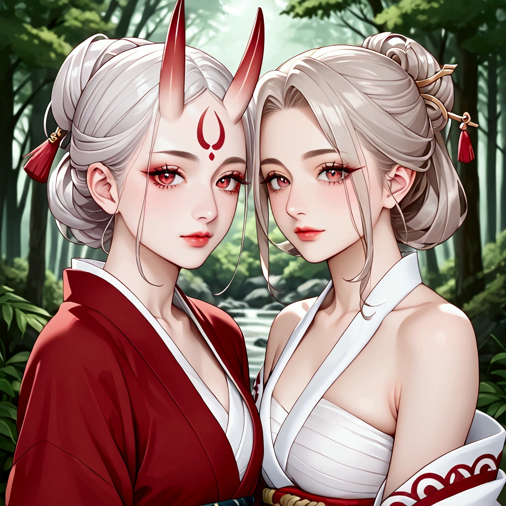 a oni girl, a pair of skin-covered horns on the forehead, beautiful detailed eyes, red kimono, white sarashi and fukushi, white japonese underwear, forest