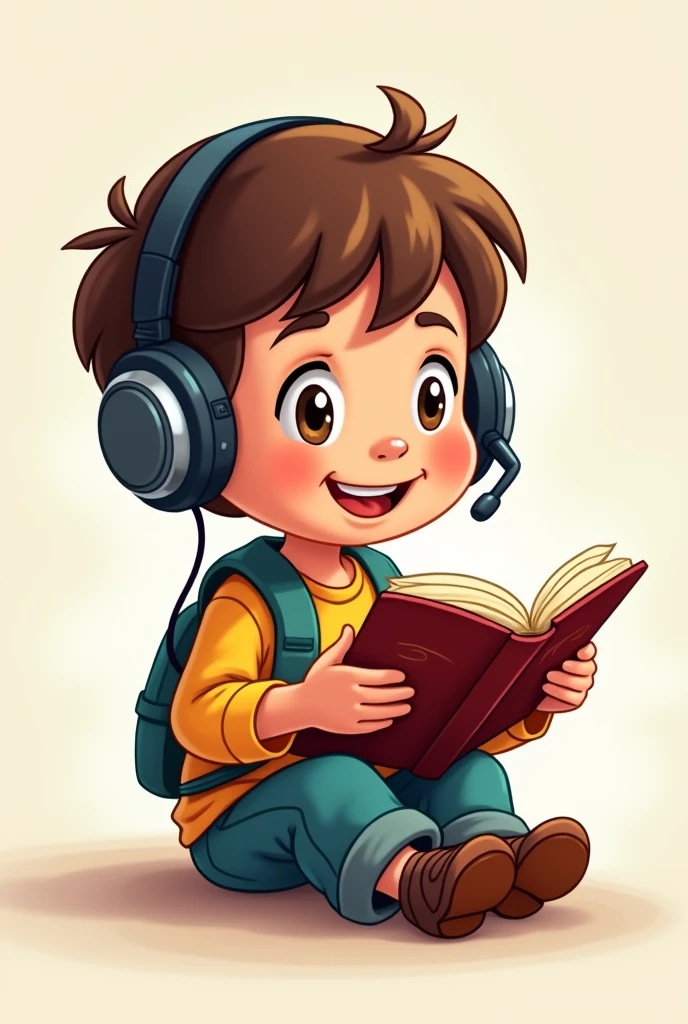 A child wearing headphones with a frustrated expression, while a giant book is suffocating her with a desperate face