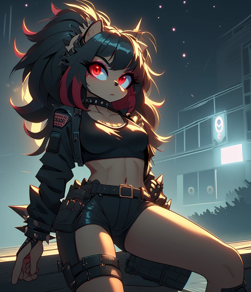 ((masterpiece)) ((UHD)) 4K, High detailed, Female anthropomorphic hedgehog, mobian, black fur, furry, Anime style art, ((intricate details)) ((Studio Quality)), Atractive, gorgeous body, portrait, Best Quality, High resolution, breasts, midriff, multicolored hair black messy long Punk Hair with crimson highlights, long bangs, red eyes, purple eyeshadow, open black leather jacket, red cropped undershirt, studed belt, spike bracelets, black fingerless gloves, black choker, earrings, black leather shorts,crimson striped black tall punk boots , unamused, holster, tactical straps, Looking at viewer, holding pistol, shooting gun, sexy pose, street ((nighttime)) ((starry sky)) ((ambient lighting)) Anatomically Correct, 