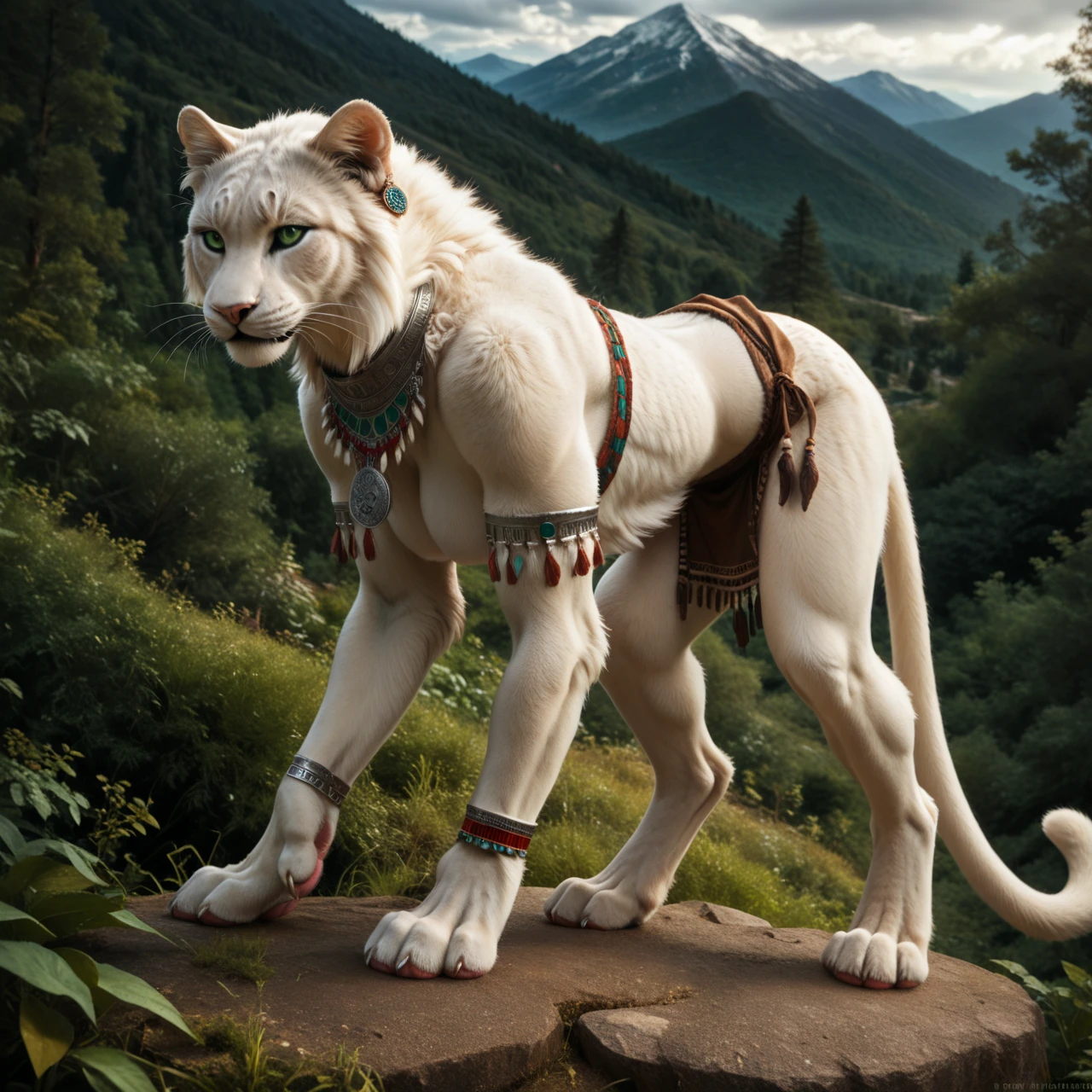 score_9, score_8_up, score_7_up, score_6_up, side view, white panther, female, with mane, indian archer with bow, indian tribal clothing, anthro, felid, feline, stands, human-like hands, (detailed background), nature, in the high mountains, white fur, (solo), high quality, furred body, paws, handpaw, fluffy, silver bracelets on all legs, silver bracelets on the calf, (detailed eyes, green eyes), slightly muscled, highly detailed, realistic white fur, beautiful, photorealism, photorealistic, dslr, photo, expressive, full body, pawpads, paw pads, dutch angle, with claws, silver collar with medallion