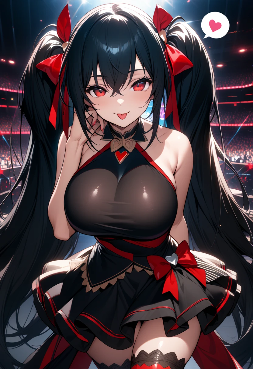 Masterpiece,best quality, (highly detailed CG illustration),very aesthetic,recent,1 girl,Black hair, red eyes, huge breasts,mltaidol, black idol dress, frills, black thigh highs, high heels, hair ornament, hair ribbon, red trim, (short skirt), bare shoulders, twintails, (short dress), smile,tongue out,half-closed eyes,looking at viewer,posing,standing,hand on own cheek,spoken heart,stage background,cowboy shot