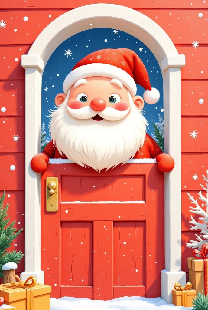 a realistic cute santa claus peeking out from behind a red door, probes behind the pure red wall, rectangular or arch shape, close up, extreme clean picture, c4d render, blender, simple characters, visually playful , playful expression, 32k uhd , minimalist style, pixar style