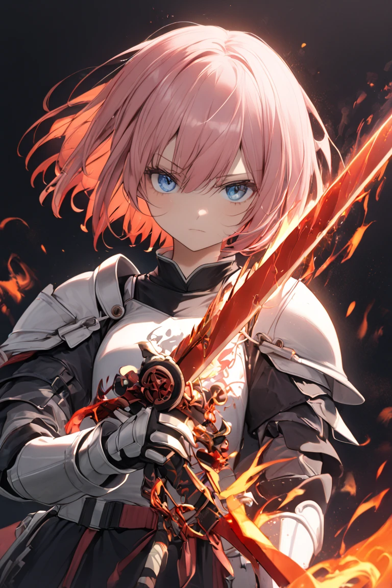 1lady,(((pink short hair,blue eyes))),solo,cool,
knight,holding a sword,fantastic, look suspicious,
(((black and red aura))),
((flame sword)),shadow,black background,fire,flame,blaze,