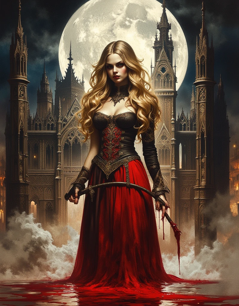 Castlevania, Gothic Horror, homage to the mystical horror movies, realistic gothic architecture castle background, young woman holding a whip, her blonde hair as if flowing through water, Victorian red dress with gold patterned details, Abstract Dripping Paint. Red ink flows down, exquisitely detailed, full moon above, acrylic: colorful watercolor, cinematic lighting, concept art, complex, elegant, vast, fantasy realism, ultra wide angle, abyss, night, blood moon reflection, building