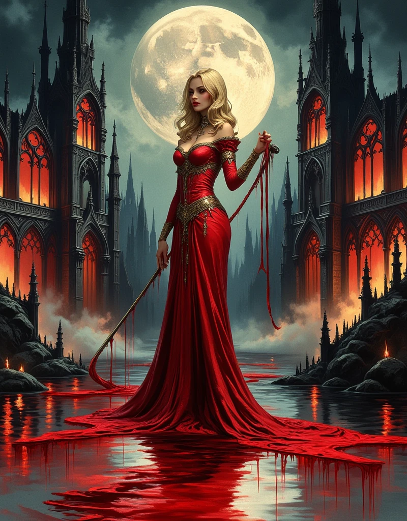 Castlevania, Gothic Horror, homage to the mystical horror movies, realistic gothic architecture castle background, young woman holding a whip, her blonde hair as if flowing through water, Victorian red dress with gold patterned details, Abstract Dripping Paint. Red ink flows down, exquisitely detailed, full moon above, acrylic: colorful watercolor, cinematic lighting, concept art, complex, elegant, vast, fantasy realism, ultra wide angle, abyss, night, blood moon reflection, building