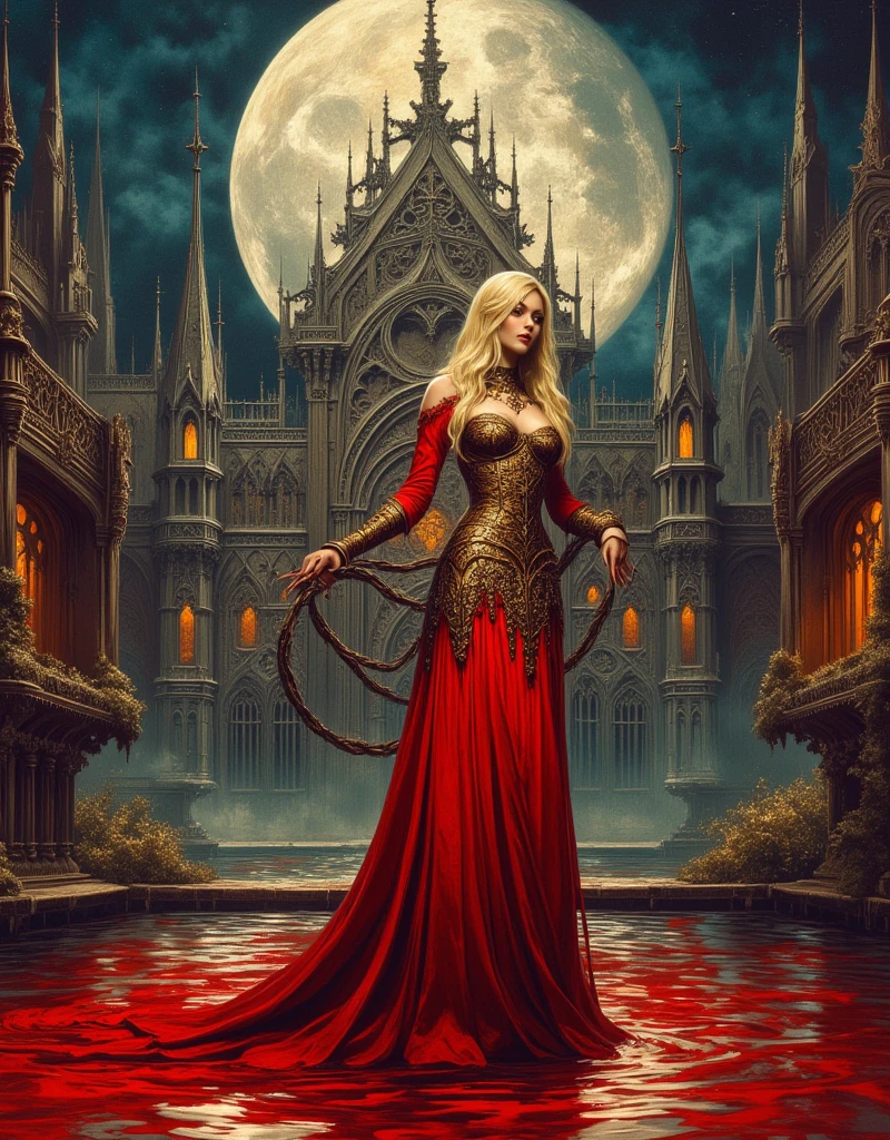 Castlevania, Gothic Horror, homage to the mystical horror movies, realistic gothic architecture castle background, young woman holding a whip, her blonde hair as if flowing through water, Victorian red dress with gold patterned details, Abstract Dripping Paint. Red ink flows down, exquisitely detailed, full moon above, acrylic: colorful watercolor, cinematic lighting, concept art, complex, elegant, vast, fantasy realism, ultra wide angle, abyss, night, blood moon reflection, building