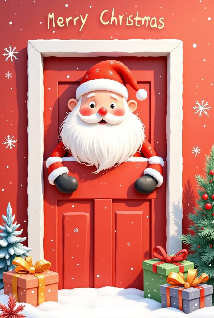 a realistic cute santa claus peeking out from behind a red door, probes behind the pure red wall, rectangular or arch shape, close up, extreme clean picture, c4d render, blender, simple characters, visually playful , playful expression, 32k uhd , minimalist style, pixar style