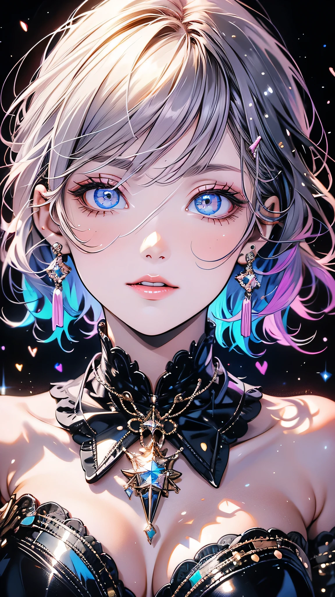 ((masterpiece)), (Highest quality))),Very detailed, Seductive erotic woman sweating, (Very delicate and beautiful face), (Beautiful eyes in every detail),Breasts covered in rose petals, (Big Breasts, pink/Blue Hair), Focus on the face, Focus on the face, Complex eyes,Elaborate decoration,