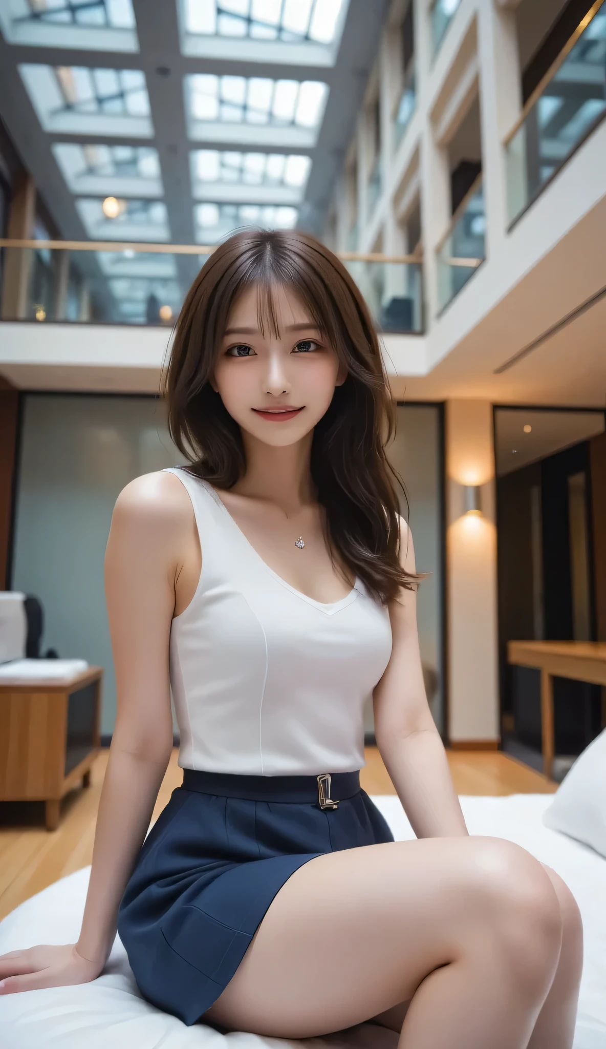 Shopping mall , Highest quality, shape, Very detailed, In detail, High resolution, 8k wallpaper, Perfect dynamic composition, Beautiful details,  Natural Lip, Too cute one piece, Big Breasts, , She has a cute pose and a happy face.., A masterpiece of the whole body, 