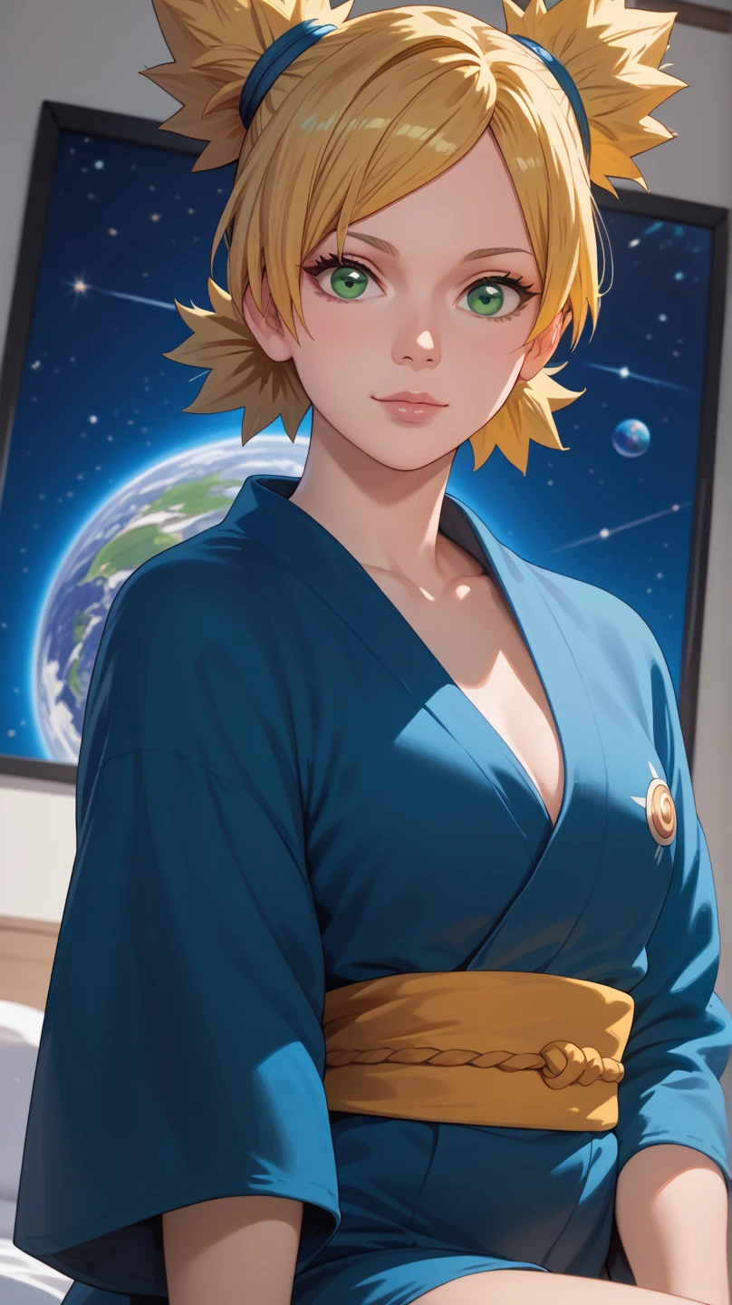 1girl, closeup, temari\(Boruto\), Short Hair, Space Bun, Yellow Hair, Green Eyes, Blue kimono, bedroom background, photo shoot Best Quality, High Resolution, Anime Style, Looking at viewer,