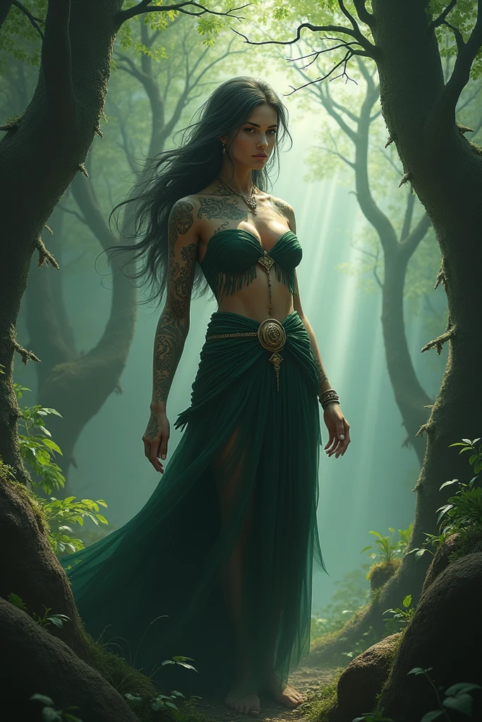 (masterpiece, photorealistic:1.4, extremely intricate:1.3), (photon mapping, radiosity, physically based rendering, ultra resolution, hyper-realistic, photorealistic:1.4, hyper-realistic, 8K), (((glossblack hair, buxom Sylph, large breasts, wide hips))) purple black sorceress, staff raised, leaf wind power