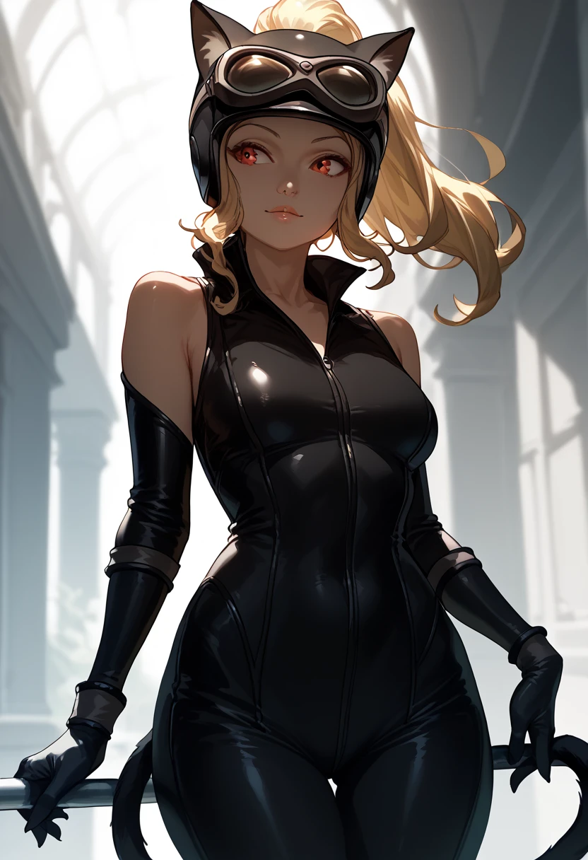 grkatspy, dark skin, ponytail, helmet, goggles on head, animal ears, black bodysuit, black gloves, cat tail, bare shoulders