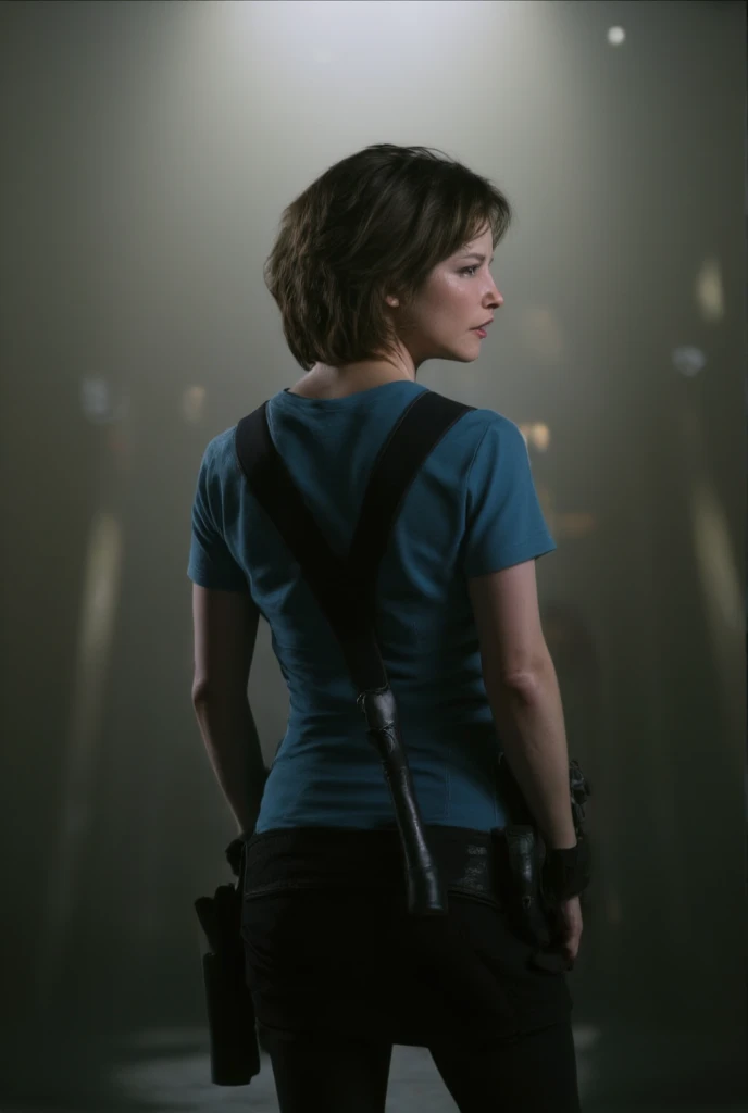 Sienna Guillory as Jill Vlentine from movie Resident Evil Apocalypse, "back view portrait". "She is wearing blue top, skirt, black hair. She is with yours hands resting on her waist. The background of the image is dark, with fog. 