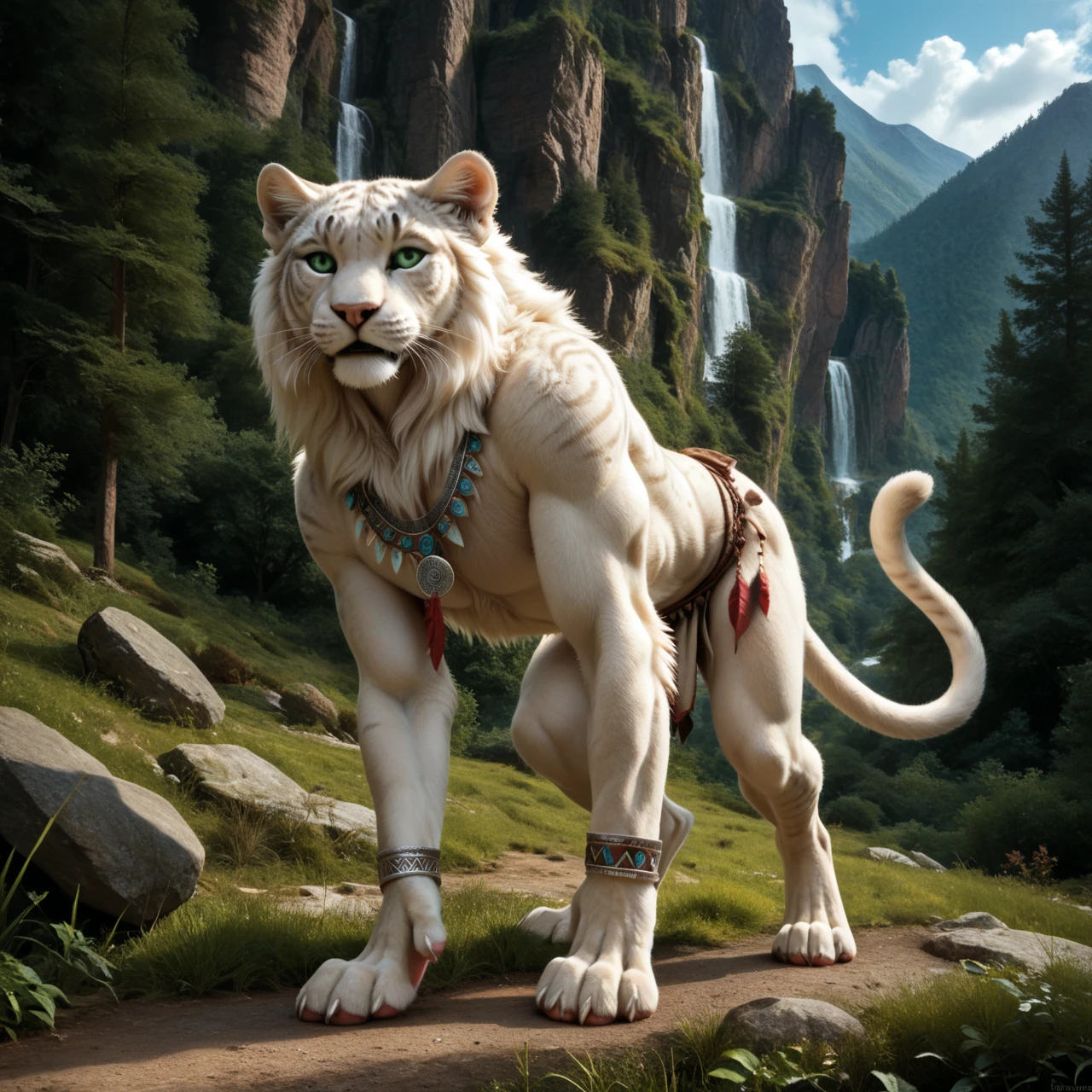 score_9, score_8_up, score_7_up, score_6_up, front view, white panther, male, with mane, indian archer with bow, shoots an arrow from a bow, indian tribal clothing, anthro, felid, feline, stands, human-like hands, (detailed background), nature, in the high mountains, white fur, (solo), high quality, furred body, paws, handpaw, fluffy, silver bracelets on all legs, silver bracelets on the calf, (detailed eyes, green eyes), slightly muscled, highly detailed, realistic white fur, beautiful, photorealism, photorealistic, dslr, photo, expressive, full body, pawpads, paw pads, dutch angle, with claws, silver collar with medallion