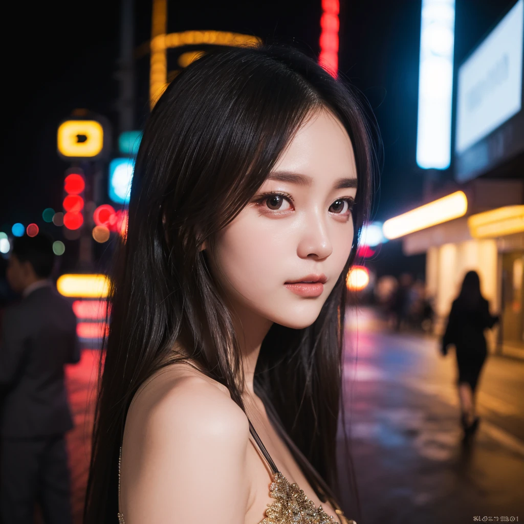1 Girl,Main Street,Soft Light,Chinese Beauty,dress,Dark-haired,long hair,