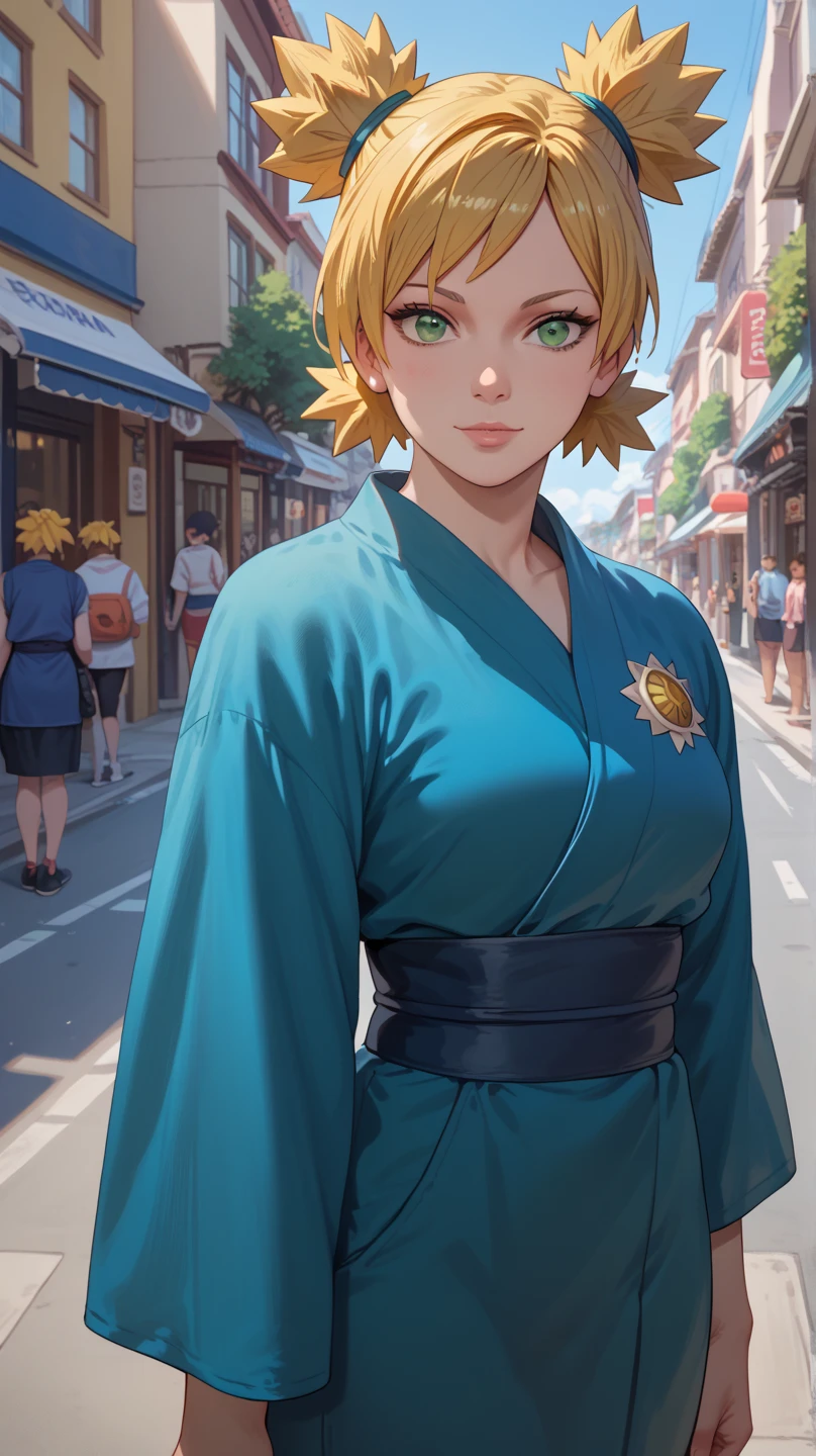 1girl, closeup, temari\(Boruto\), Short Hair, Space Bun, Yellow Hair, Green Eyes, Blue kimono, Street, photo shoot Best Quality, High Resolution, Anime Style, Looking at viewer,