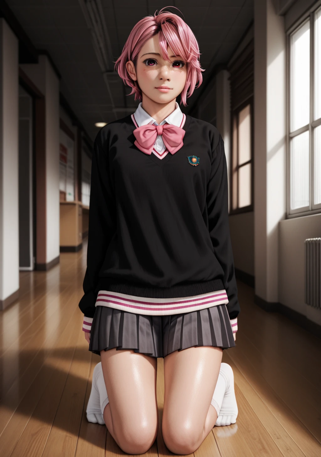 score_9,score_8_up,score_7_up zPDXL2,zPDXLxxx,zPDXLxxx,zPDXL3,airaSDXL,1 girl,dark pink eyes,short hair,skirt,bow,white socks,background,school uniform ,pink hair,pleated skirt,black sweater,cowboy shot,room,kneeling,V