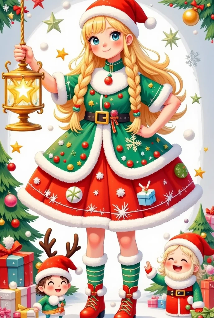 This picture is a festive color illustration that may be related
to a Christmas theme. it has a main character, who is dressed	mer	
with white fur trim, a Santa hat, and holds a large golden	star-shaped lantern. She has long golden braids and wears	in festive clothing. The character wears a green and red dress	Christn	
Christmas-themed accessories. The figure on the right is smaller, possibly a child, and is dressed in white and red
clothes and a Santa hat. Next to this figure is a small red-nosed reindeer, a nod to the character Rudolph from Christmas folklore. There are various Christmas decorations in the background, including a Christmas tree,presents, and snowflakes. The scene appears to be a cozy room that is beautifully decorated, and the atmosphere is warm and pleasant. The overall tone of the picture is cheerful and festive,reflecting the festive atmosphere