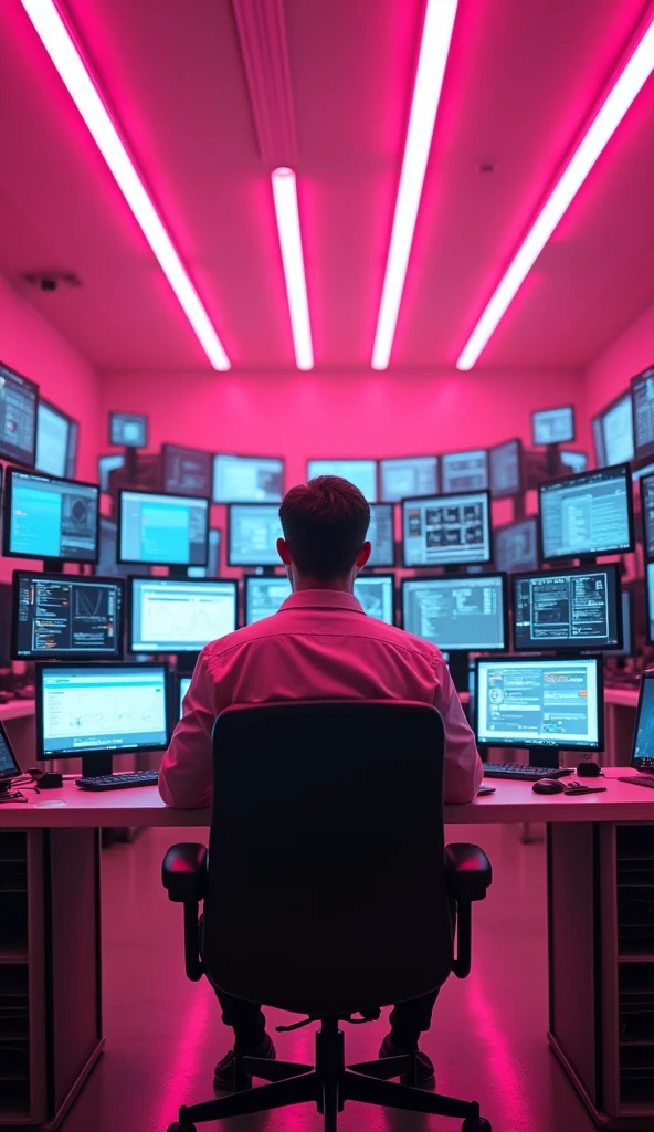 Man seating in a big hitech room , lot of computer screen in a room , pink Neon Glowing Effect