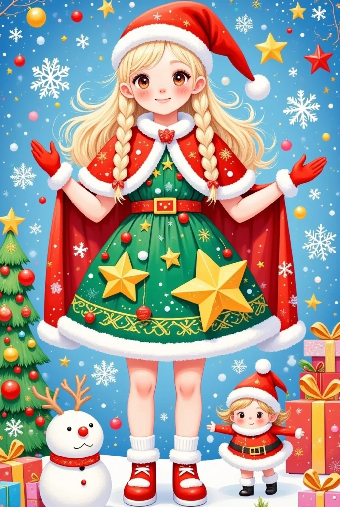 This picture is a festive color illustration that may be related
to a Christmas theme. it has a main character, who is dressed	mer	
with white fur trim, a Santa hat, and holds a large golden	star-shaped lantern. She has long golden braids and wears	in festive clothing. The character wears a green and red dress	Christn	
Christmas-themed accessories. The figure on the right is smaller, possibly a , and is dressed in white and red
clothes and a Santa hat. Next to this figure is a small red-nosed reindeer, a nod to the character Rudolph from Christmas folklore. There are various Christmas decorations in the background, including a Christmas tree,presents, and snowflakes. The scene appears to be a cozy room that is beautifully decorated, and the atmosphere is warm and pleasant. The overall tone of the picture is cheerful and festive,reflecting the festive atmosphere