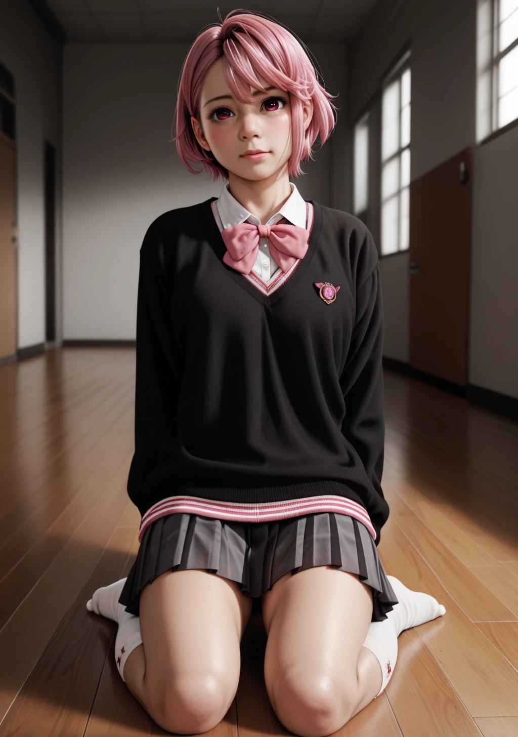 score_9,score_8_up,score_7_up zPDXL2,zPDXLxxx,zPDXLxxx,zPDXL3,airaSDXL,1 girl,dark pink eyes,short hair,skirt,bow,white socks,background,school uniform ,pink hair,pleated skirt,black sweater,cowboy shot,room,kneeling,V