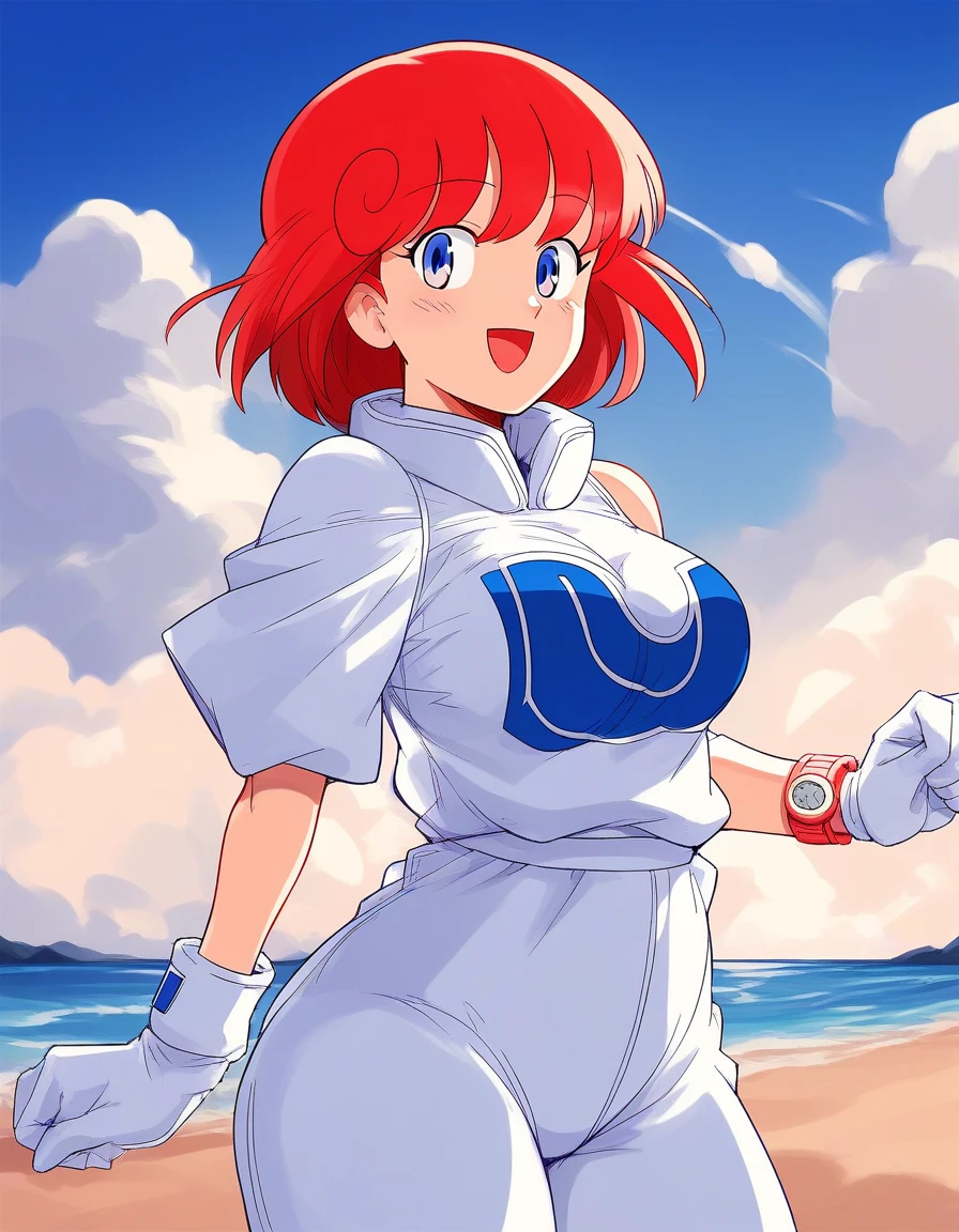 score_9, score_8_ up, score_7_ up,  source_Anime,  Rating _Explicit,  Blake Pastel _Twin Bee, Red Hair,  blue eyes,  short hair, bangs, medium breasts,
 One girl ,  gloves,   open mouth, smile,   Watch viewers, white  gloves, Short sleeve, 1990s ( style for stilets),  cowboy shot showing shoulders,  long pants , 
null, blue null, cloud,  Beach ,