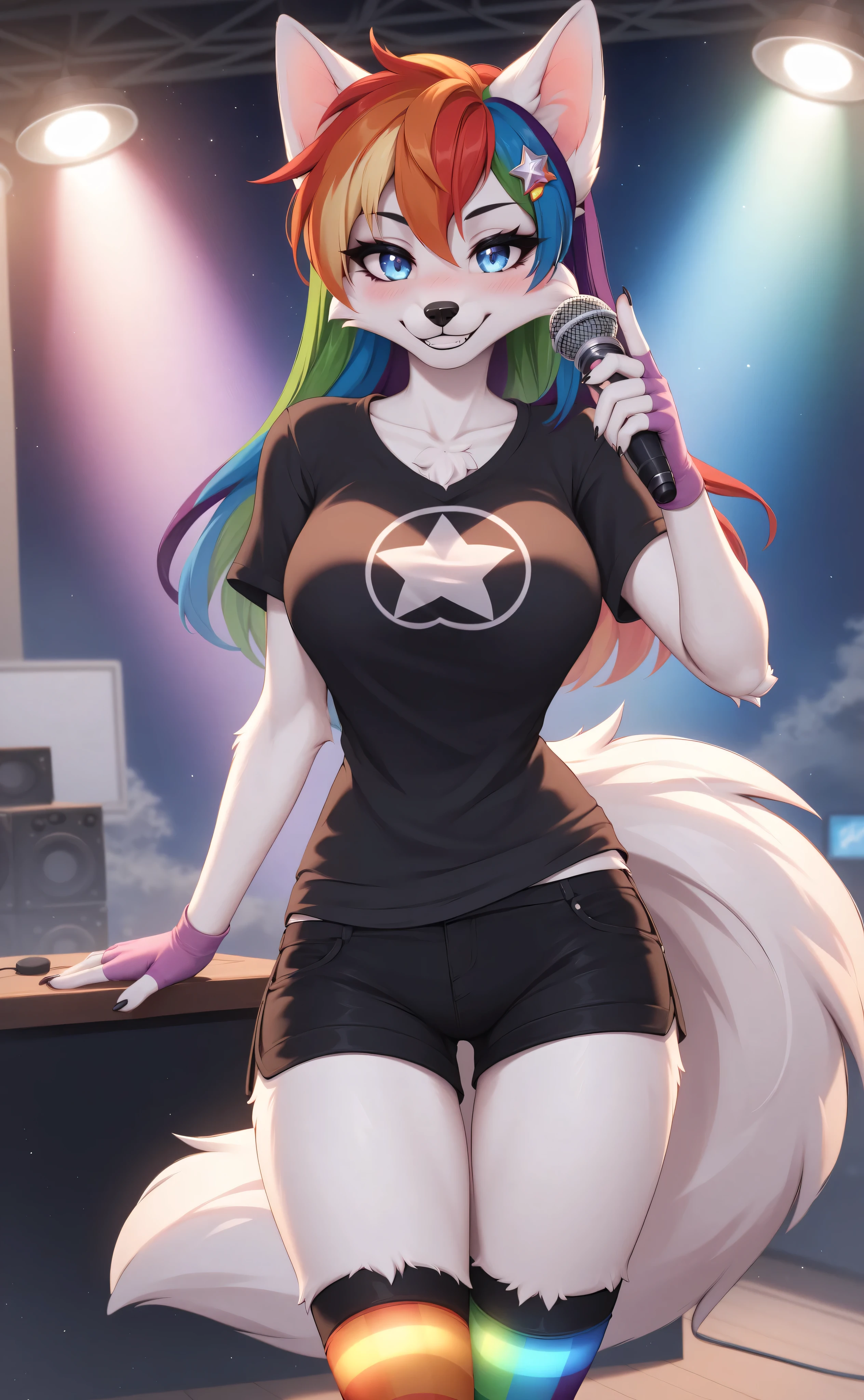 (4K HD Quality), score_9_up, score_8_up, score_6_up, anthro, solo, 1girl, furry, white fox, white body, white fur, rainbow hair color, long thick hair, blue eyes, fox tail, medium large breasts, 

glowing gloves, rainbow sleeves gloves, fingerless gloves, glowing socks, rainbow thigh high socks, toeless socks, 

black shirt, black shorts, 

blush, perfect smile teeth, looking at view, 

rock star, stage, night, rock star light, stage light, microphone, rock star clothes, standing, 