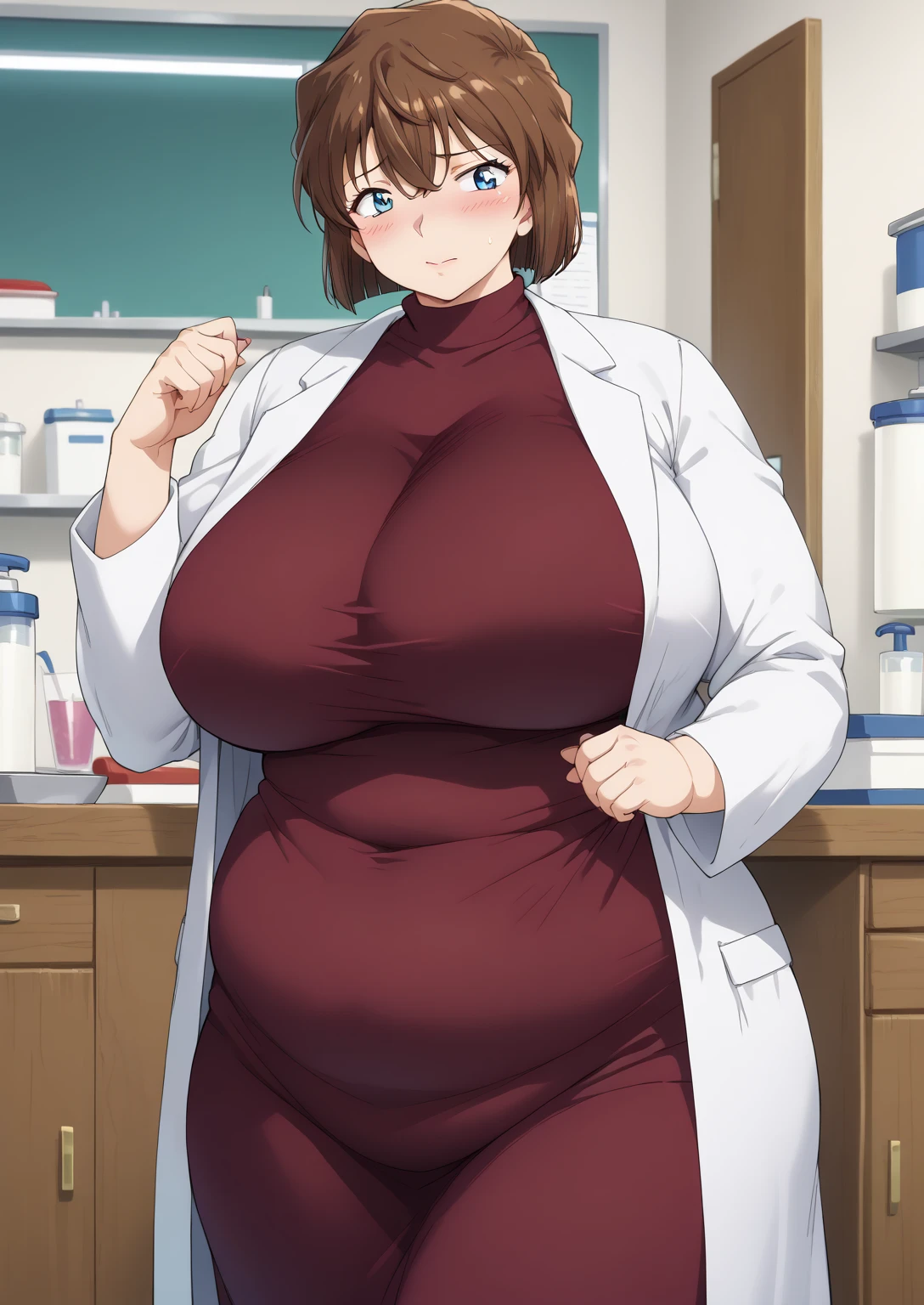 Shiho Miyano, Miyano Shiho, short hair,Brown Hair, blue eyes,hair between eyes,lab coat, Mulberry dress, long sleeve dress, mini skirt dress, score_9,   score_8_ up,   score_7_ up,   score_6_ up,   score_5_ up,   score_4_ up,     masterpiece   ,   top quality,     very aesthetic  ,    absurd,    source_Anime, Anime screencap,    one woman , Alone,   personal   ,  Super huge breasts, (((S uper huge クレビス, Super huge , Super huge boob))), Curvy,   in her 20s,  Mature Woman,   obese , ,  troubled expression,  ssbbw,  embarrassed expression, Five fingers