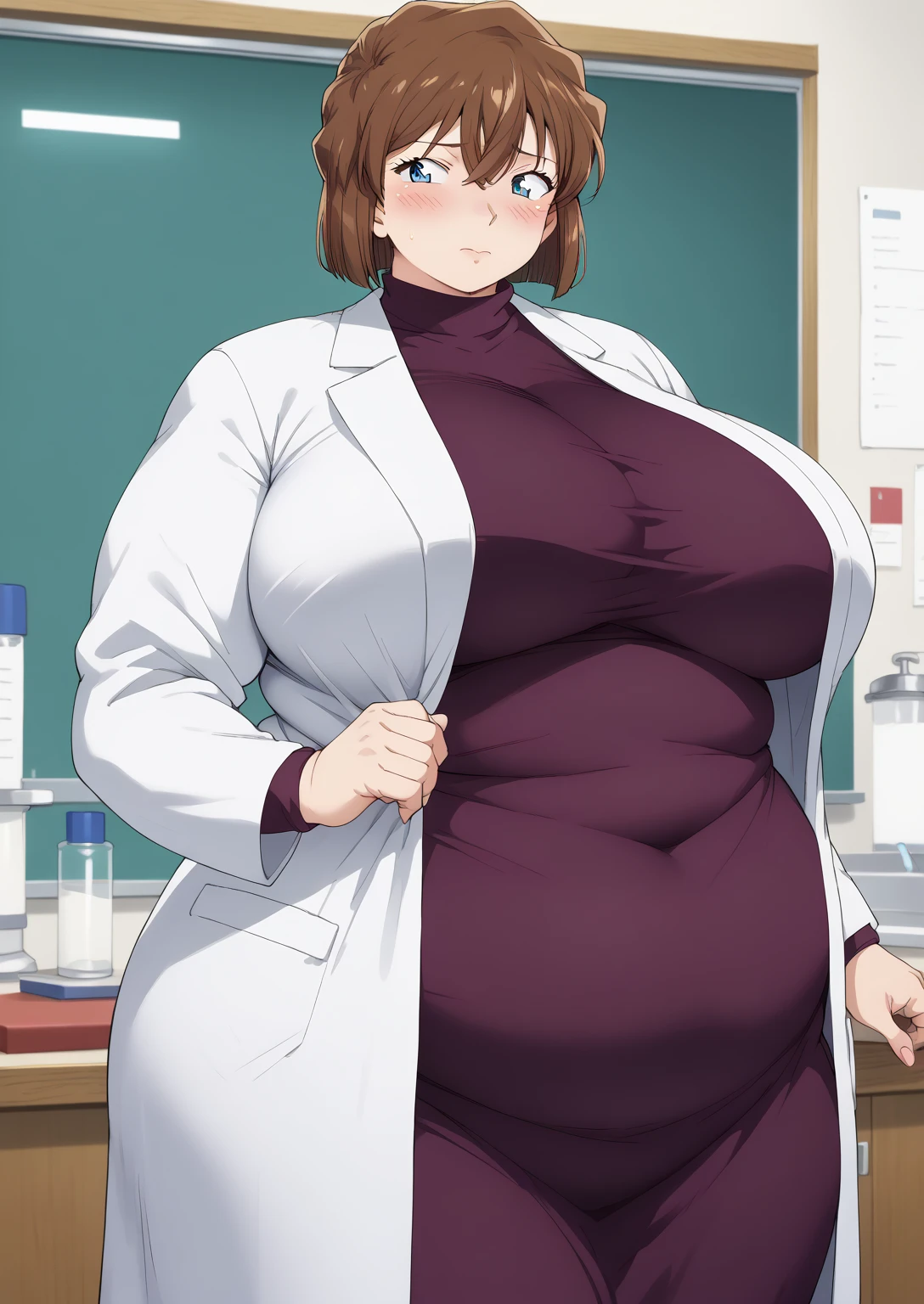 Shiho Miyano, Miyano Shiho, short hair,Brown Hair, blue eyes,hair between eyes,lab coat, Mulberry dress, long sleeve dress, mini skirt dress, score_9,   score_8_ up,   score_7_ up,   score_6_ up,   score_5_ up,   score_4_ up,     masterpiece   ,   top quality,     very aesthetic  ,    absurd,    source_Anime, Anime screencap,    one woman , Alone,   personal   ,  Super huge breasts, (((S uper huge クレビス, Super huge , Super huge boob))), Curvy,   in her 20s,  Mature Woman,   obese , ,  troubled expression,  ssbbw,  embarrassed expression, Five fingers