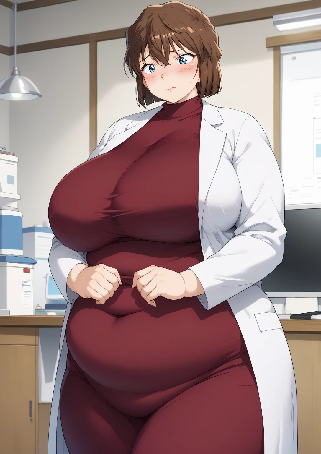 Shiho Miyano, Miyano Shiho, short hair,Brown Hair, blue eyes,hair between eyes,lab coat, Mulberry dress, long sleeve dress, mini skirt dress, score_9,   score_8_ up,   score_7_ up,   score_6_ up,   score_5_ up,   score_4_ up,     masterpiece   ,   top quality,     very aesthetic  ,    absurd,    source_Anime, Anime screencap,    one woman , Alone,   personal   ,  Super huge breasts, (((S uper huge クレビス, Super huge , Super huge boob))), Curvy,   in her 20s,  Mature Woman,   obese , ,  troubled expression,  ssbbw,  embarrassed expression, Five fingers