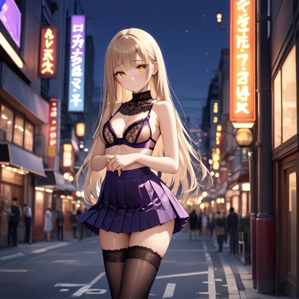 Solo, The best images, The miniskirt is rolled up.、Lace ???? ????? panties are visible, Sleeveless White Tight Knit, Beautiful cute ???? woman, Messy hair of light brown iridescent color, Amorous expression, ???? expression, ???????, , ??????????????, slender, perfectly proportions, long thin legs, Black Knee High Socks, thighs thighs thighs thighs, Background of the town, Professional Lighting