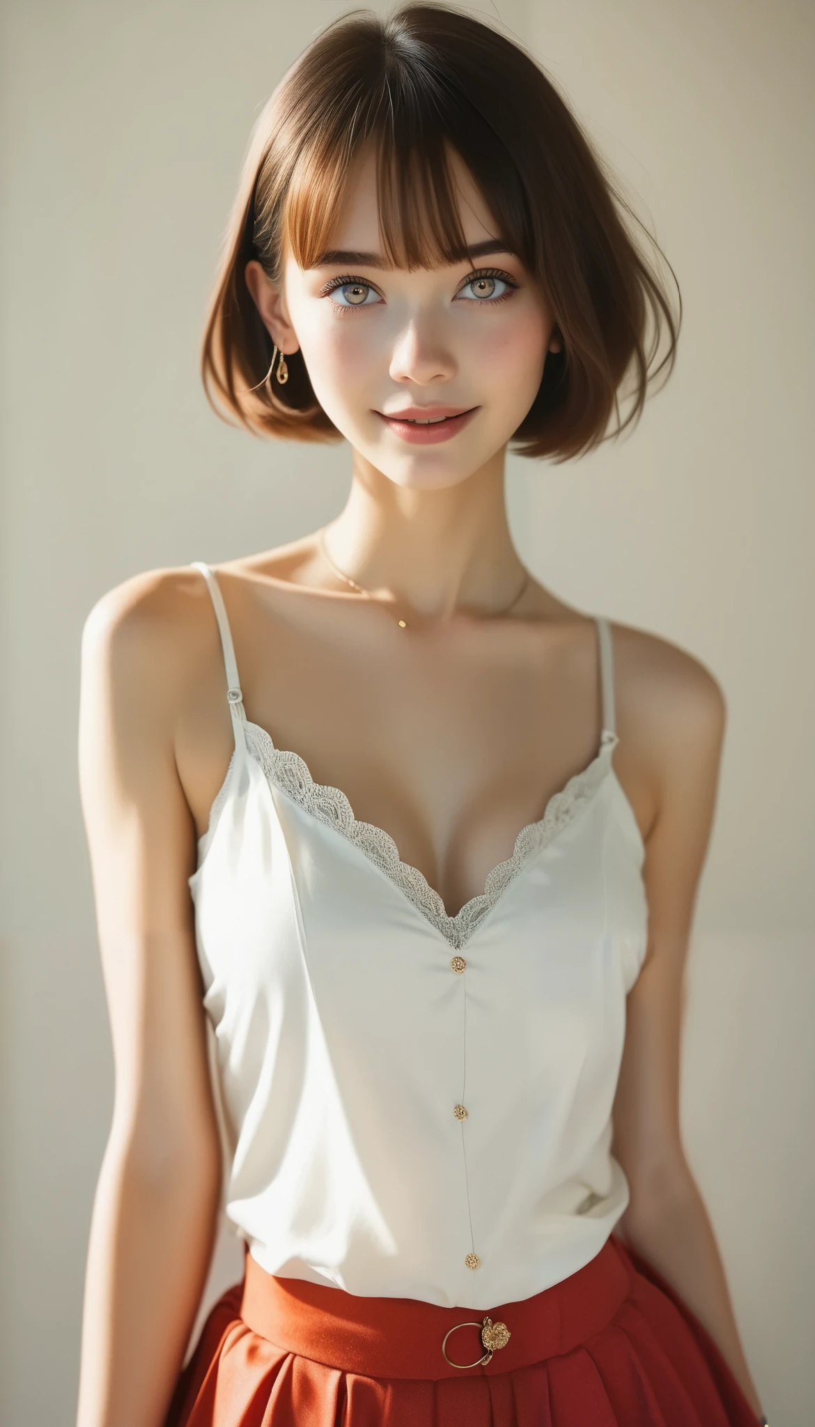 (masterpiece, top quality :1.4), 8k, 85mm, Official Art , absurd, ( down blouse:1.2), (the above:1.1), Violace , cute face, beautiful eyes, camisole, upper body, Watch viewers, short hair, bangs, Small Head, (smile:0.6), sharp concentration, face light , Dynamic Lighting, cinematic lighting, Dramatic Shadows, perspective, depth of field, High Definition , Ultra Detailed , detailed description , very detailed, Detailed Eyes and Faces , sharp pupils, Realistic pupil, simple background, Waistline, flare skirt