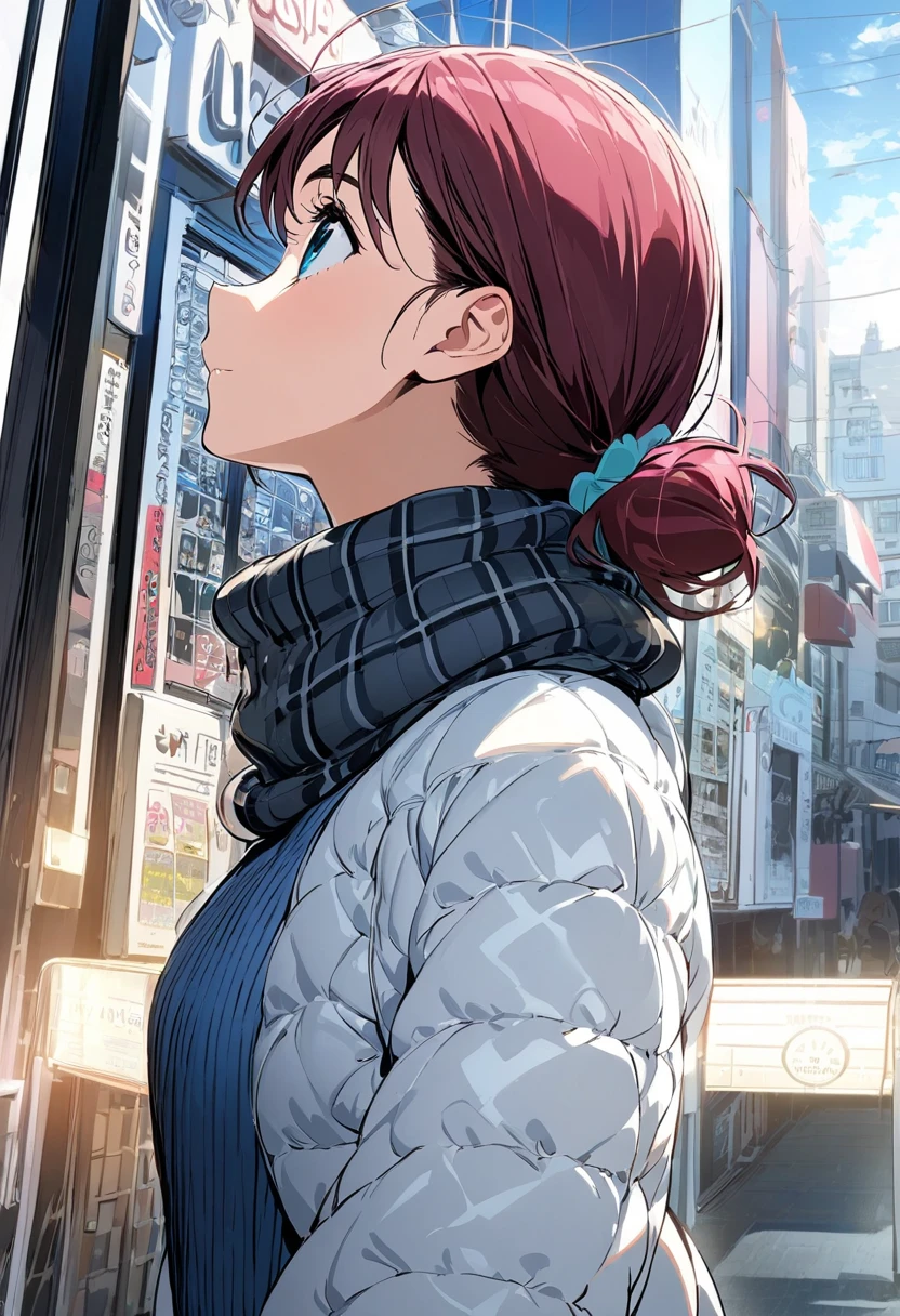   girl, Iseri Nina ,profile, in front of the store, looking up at the sky, comments, muffler ,masterpiece,   top quality , 