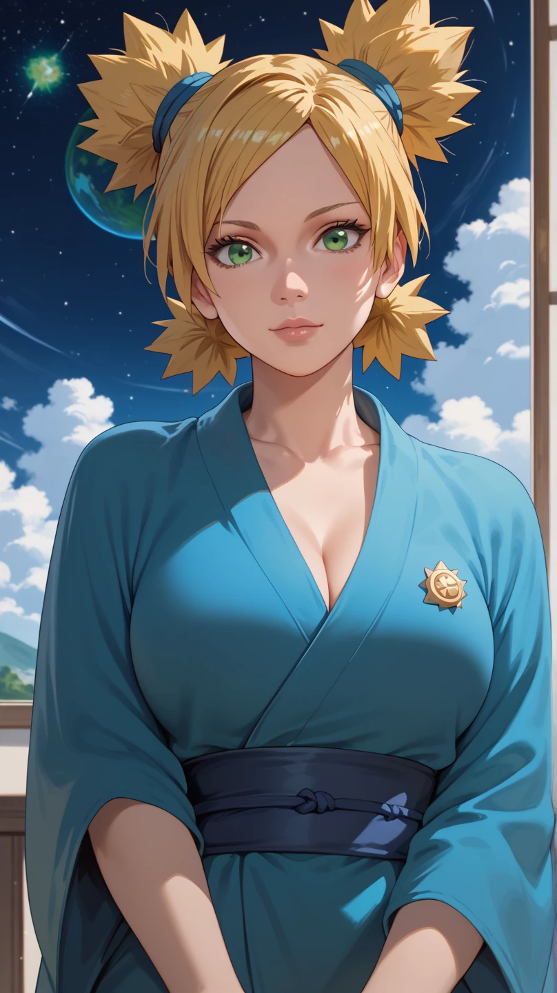 1girl, closeup, temari\(Boruto\), Short Hair, Space Bun, Yellow Hair, Green Eyes, Blue kimono, large breast, bedroom background, photo shoot Best Quality, High Resolution, Anime Style, Looking at viewer, Solo, 