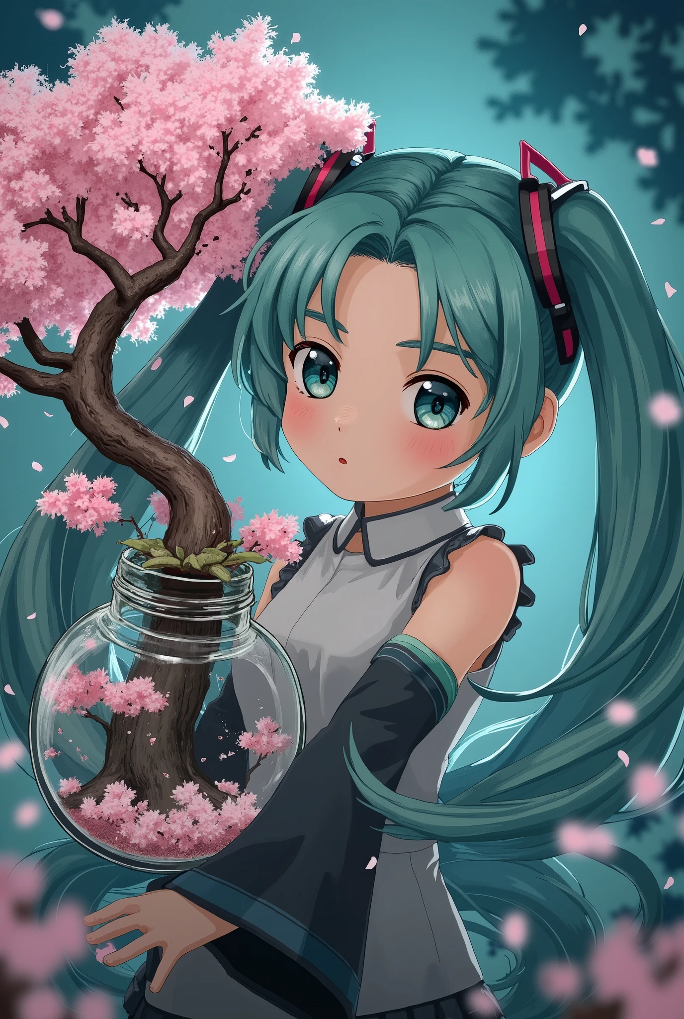 (masterpiece、 top quality 、 top quality 、 Official Art 、 beautiful and beautiful :1.2)、( One Girl :1.3) Hatsune Miku 、 twin tails, Beautiful breasts,   cute girl、Cherry tree in a bottle, Fluffy,  realistic , Atmospheric Light Refraction , photograph： lee jeffries , Nikon d850 film stock photo 4 Kodak Portra 400 camera F1 .6 Lenses, Wide range of colors, ultra  realistic   realistic  textures, Dramatic lighting,  Unreal Engine trending on ArtStation Cinestil 800, Style-Glass