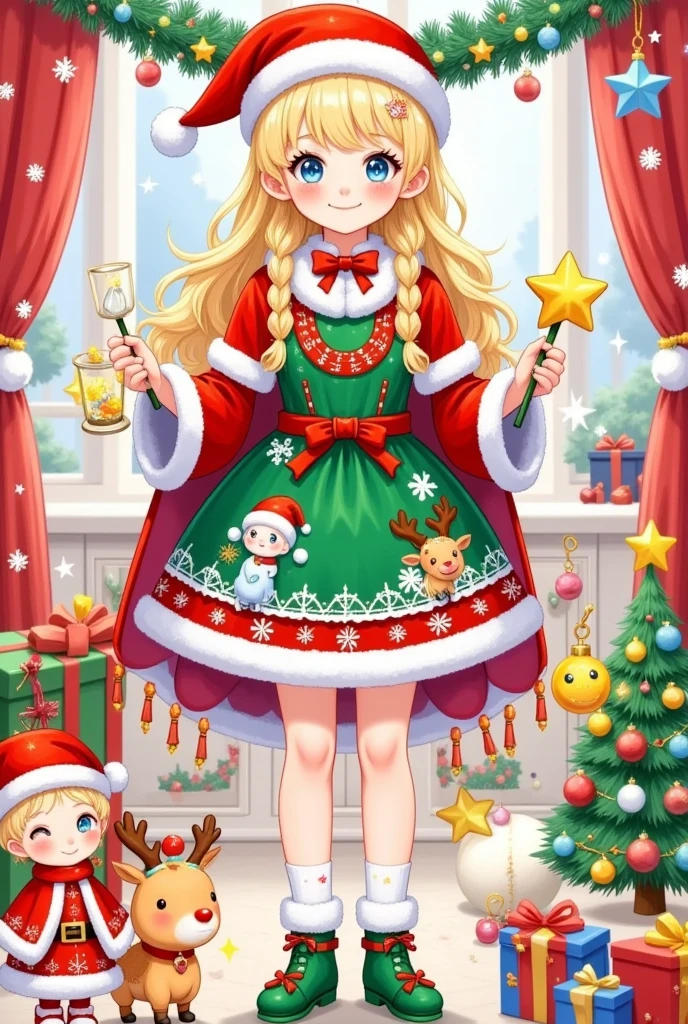 This picture is a festive color illustration that may be related
to a Christmas theme. it has a main character, who is dressed	mer	
with white fur trim, a Santa hat, and holds a large golden	star-shaped lantern. She has long golden braids and wears	in festive clothing. The character wears a green and red dress	Christn	
Christmas-themed accessories. The figure on the right is smaller, possibly a , and is dressed in white and red
clothes and a Santa hat. Next to this figure is a small red-nosed reindeer, a nod to the character Rudolph from Christmas folklore. There are various Christmas decorations in the background, including a Christmas tree,presents, and snowflakes. The scene appears to be a cozy room that is beautifully decorated, and the atmosphere is warm and pleasant. The overall tone of the picture is cheerful and festive,reflecting the festive atmosphere