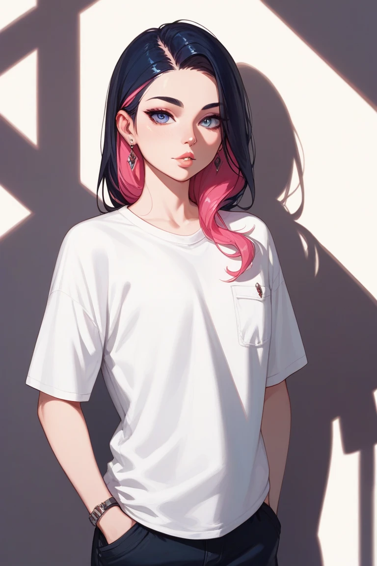  One girl , Alone, hin, hand_in_pocket,  multicolor_hair, shadow,  separated _lips, 前hair,  standing, white_ shirt,  in rot _in_viewer,  shirt,