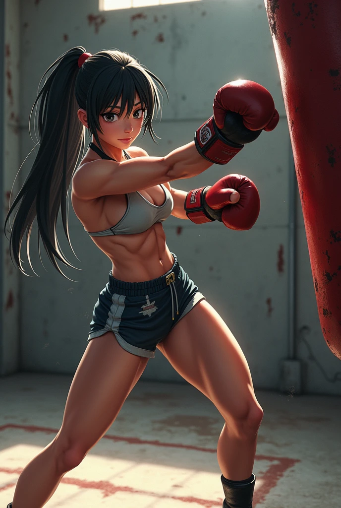 Injured Japanese female high school mixed martial artist during a match in the ring。Short black hair。Taking a fighting pose、Glaring at someone。Rin々A funny expression。Drenched in sweat。A well-trained body。Six Pack Abs。Small breasts。Erect nipples。White and pink sports bra、Bikini Shorts。Open Finger Gloves。