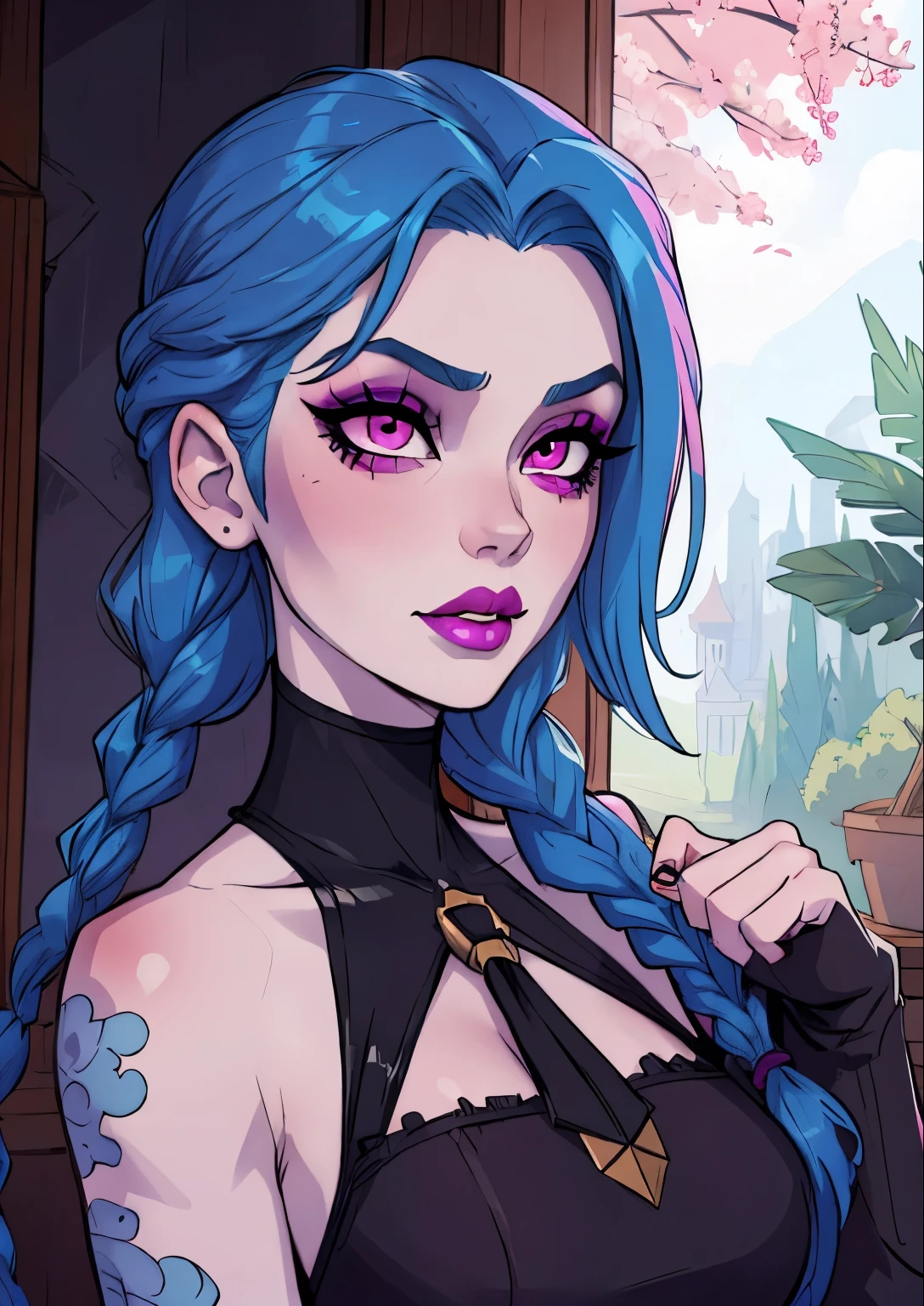 (masterpiece) (best quality) (detailed) (8k) (cinematic) (sharp focus), jinx from arcane series, arcane art style